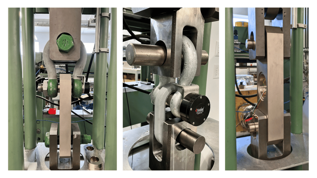 Three pictures of Tension Links and Load Pins during calibration procedure